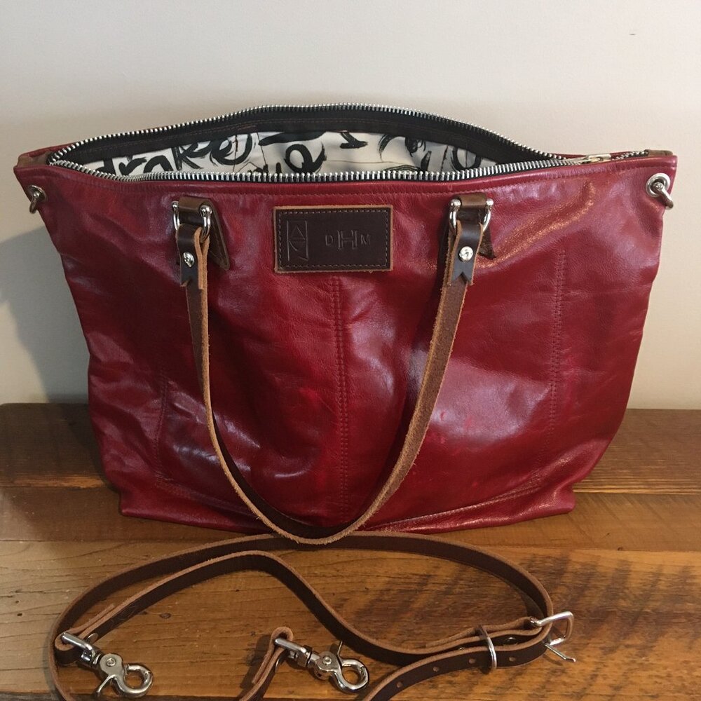 Designer Alexis Drake Handcrafted Oxblood/Red and Brown Leather Tote